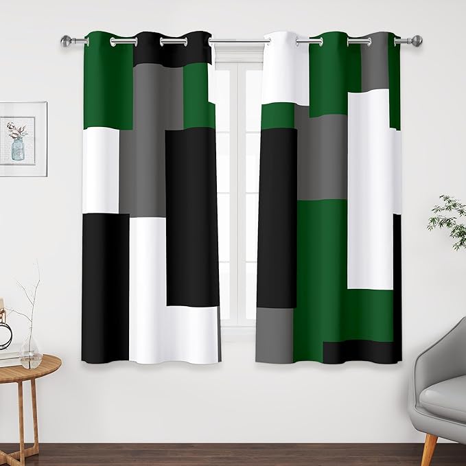 Green 100% Blackout Curtains 45 inch Length 2 Panels Set White Grey Modern Abstract Geometric Drapes for Kitchen Black Out Curtains Insulated Room Darkening Small Window Curtains, 42Wx45L