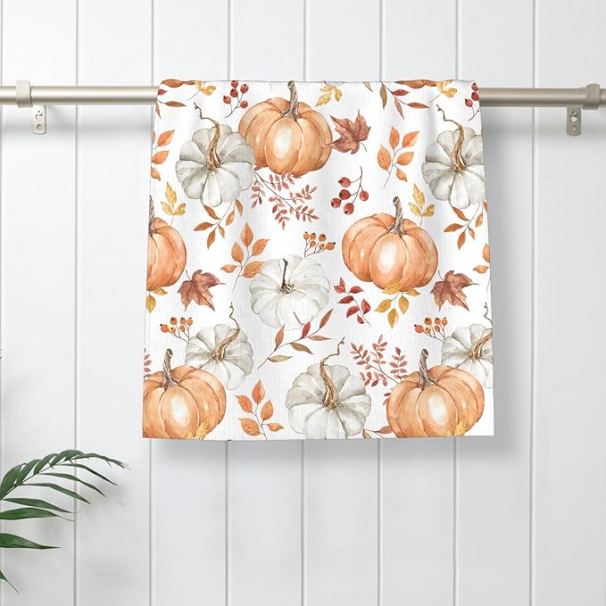 Fall Kitchen Towels 16x24 Inch Burnt Orange Pumpkin Leaves Decor Dish Towels Autumn Harvest Thanksgiving Seasonal Decoration Hand Towel Absorbent Dish Cloths for Home Kitchen Dining Set of 2