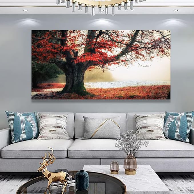 Stunning Nature Landscape Wall Art - 28x57 inches Canvas Artwork of Sunrise Forest Scenery with Red Leaves. Perfect Wall Decoration for Living Room, Bedroom and More