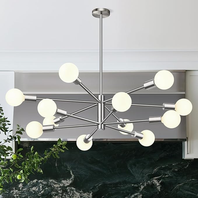 33" Modern Chandelier Ceiling Light Fixture, 12-Light Sputnik Chandeliers Brushed Nickel Mid Century Chandelier Over Table, Height Adjustable Chandeliers for Dining Room Living Room Kitchen Island