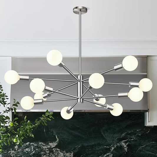 33" Modern Chandelier Ceiling Light Fixture, 12-Light Sputnik Chandeliers Brushed Nickel Mid Century Chandelier Over Table, Height Adjustable Chandeliers for Dining Room Living Room Kitchen Island