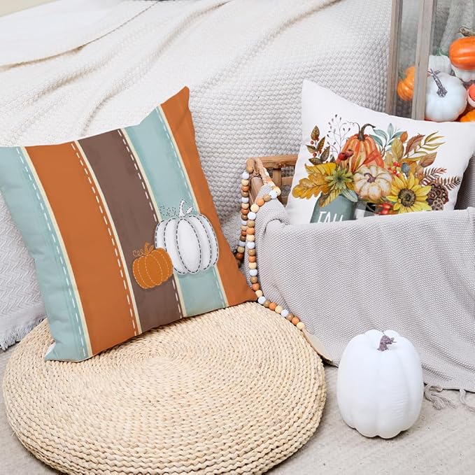 AACORS Fall Pillow Covers 18 x 18 Inch Set of 4, Pumpkin Vase Harvest Floral Pumpkin Spice Decorations Autumn Seasonal Pillow Case Decor for Sofa Couch AA560-18