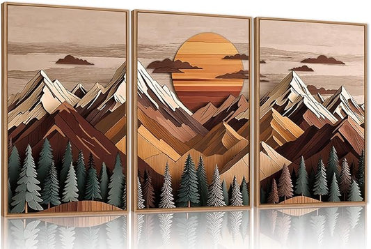 KAIRNE Mountain Framed Canvas Wall Art Set, Mountain Themed Wall Decor, Wooden Pine Tree Scene Wall Painting, Vintage Forest Landscape Art Prints for Living Room, Bedroom, Office 24"x36"x3