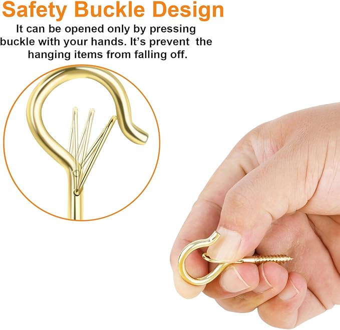 12 PCS Q-Hanger Hooks, Screw Hooks for Outdoor String Lights, Safety Buckle Design Cup Eye Hook for Hanging Christmas Lights, Plants, Wind Chimes, Mounted on Wall Ceiling, Windproof, Gold