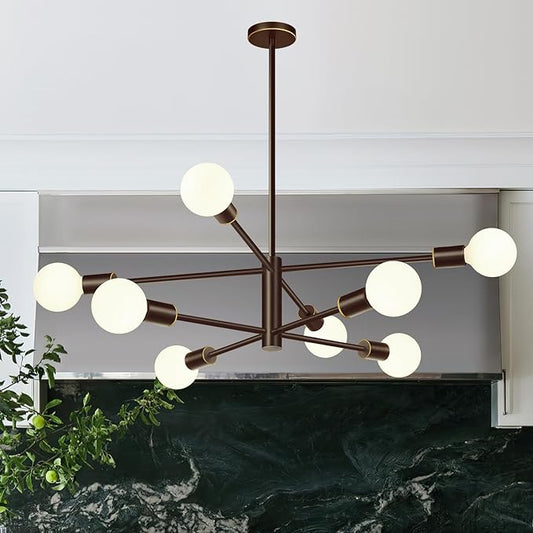 30" Modern Chandelier Ceiling Light Fixture, 8-Light Sputnik Chandeliers Brown and Gold Mid Century Chandelier Over Table, Height Adjustable Chandeliers for Dining Room Kitchen (Bulbs Not Included)
