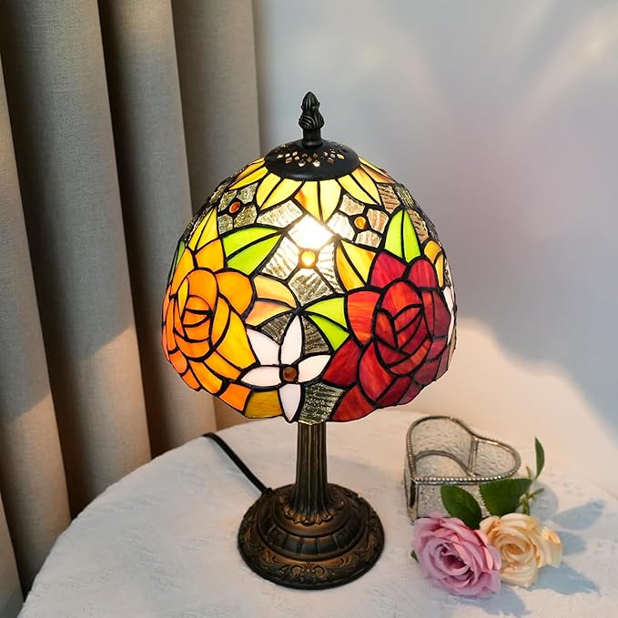 8 Inch Tiffany Stained Glass Lamp, Red And Orange Rose Flower Design, Victorian Vintage Style Bedside Lamp, Suitable For Bedroom Dining Room Office Hotel And Other Home Decoration (Gorgeous Rose)