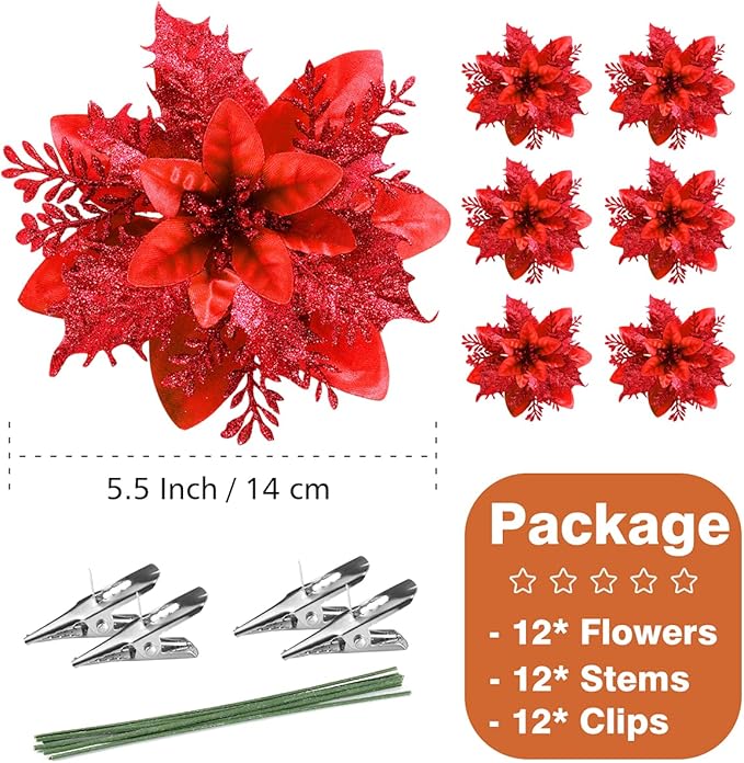 Christmas Poinsettia Artificial Flowers Decorations 5.5" Christmas Tree Wreaths Garland Decoration 12 Pcs Glitter Flowers Picks Decor for Xmas New Year Wedding Party Ornaments (Red)