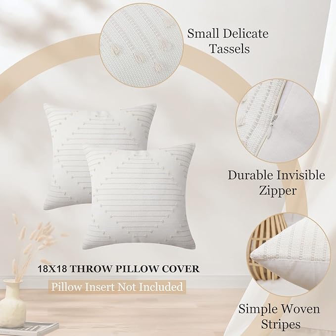 Mecatny Boho Outdoor Throw Pillow Covers 18X18 Set of 2, Farmhouse Decorative Pillow Covers for Couch Sofa Living Room, Beige & Cream White