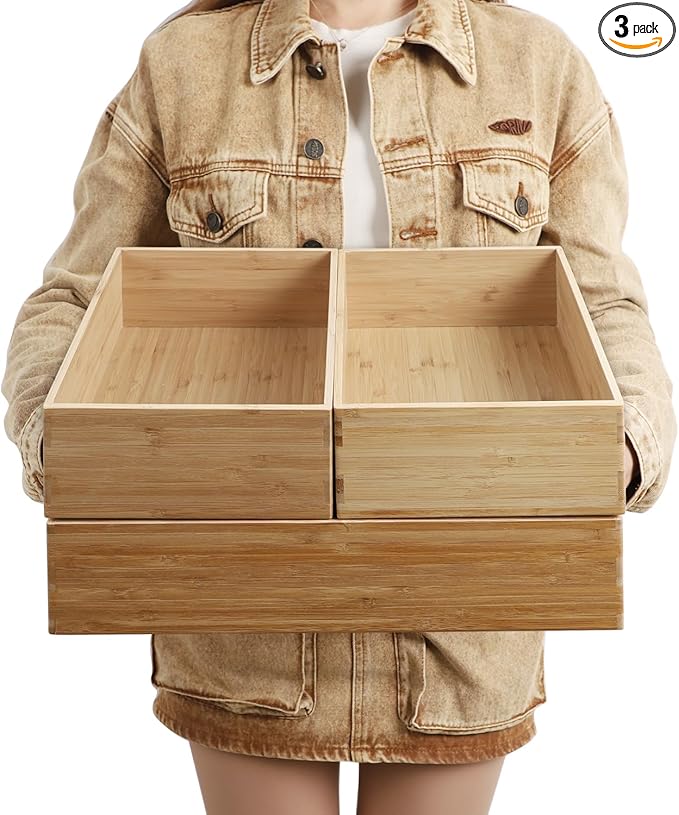 3-Piece Large Bamboo Storage Box Set, 3.9 in High, Stackable Deep-Drawer Organizer for Kitchen Cutlery, Cookware, Utensils & Knives, Lidless Wooden Bin (14.6"x10.2"*1+10.2"x7.3"*2)