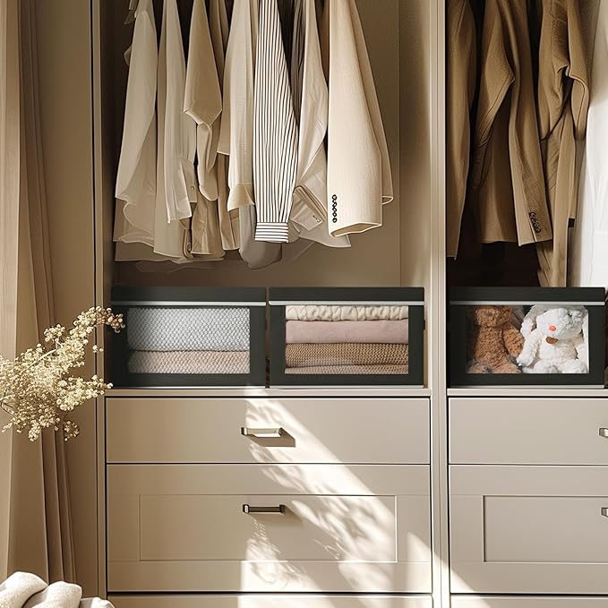 Storage Boxes with Lids - 4 Pack Fabric Clear Window Storage Bins, Large Decorative Storage Bins with Handles, Linen Closet Organizer for Clothes, Towel, Blanket, Black