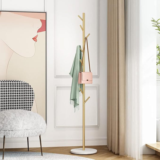 Gold Coat Racks, Metal Coat Rack Freestanding with Hooks, Entryway Coat Rack Stand, Coat Racks with Marble Base, Coat Tree for Hanging Clothes, Hats, Bags