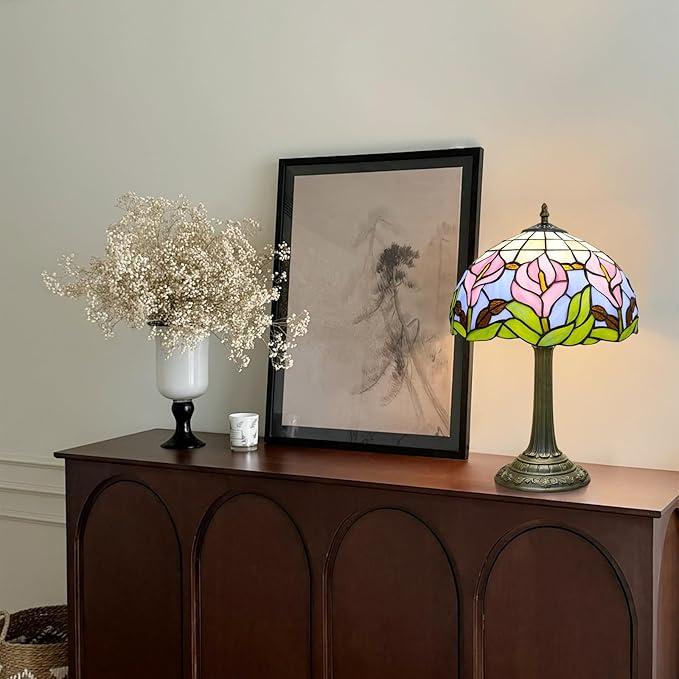Tiffany Lamp 12 Inch Blue Pink Calla Lily Victorian Stained Glass Table Lamp Antique Bedside Reading Lamp For Bedroom Nightstand Office Light Dorm Room Decor Tiffany Style Retro Home Decoration Gifts