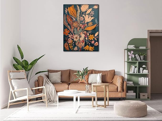 Boho Flower Canvas Wall Art Abstract Plant Wall decor pictures Orange Floral Poster Prints Mid Century Modern Flowers Painting For Living Room Bedroom Home Decorations (16inx24in canvas)