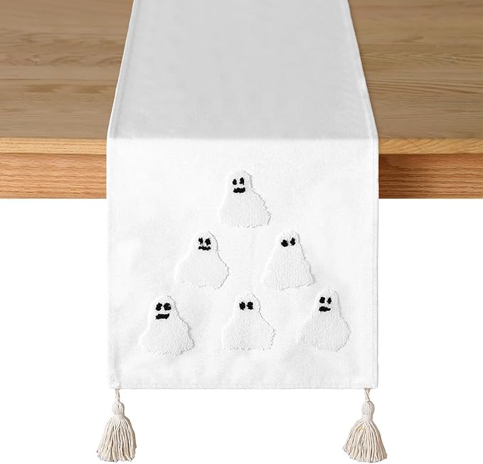Breling Halloween Ghost Table Runner Jacquard Cute Ghost Halloween Dinner Table Runner Fall Autumn Kitchen Dining Decoration for Kitchen Farmhouse Holiday Party Home Decor 13x72 Inch(Beige)