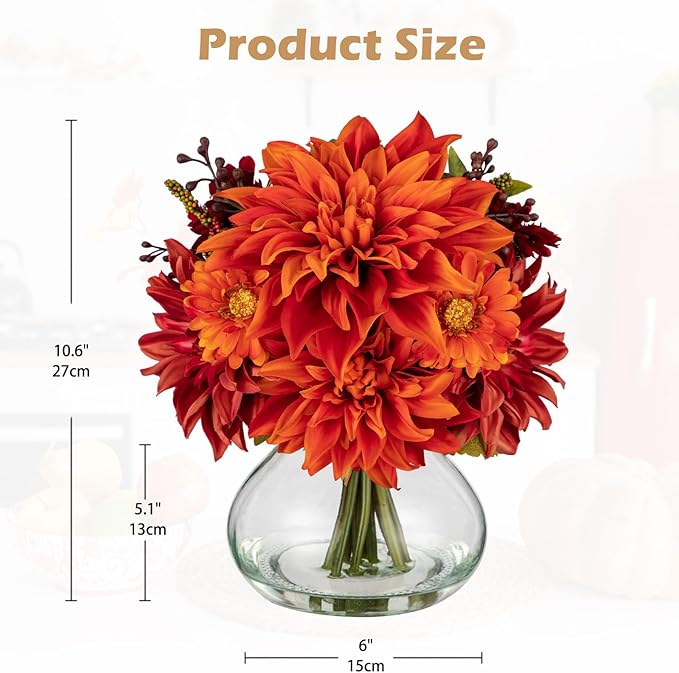 Briful Faux Fall Flowers in Vase, Artificial Dahlia & Mum Silk Floral Arrangement with Clear Glass Vase Fake Autumn Flowers Bouquet for Home Office Dining Room Table Centerpiece Decoration