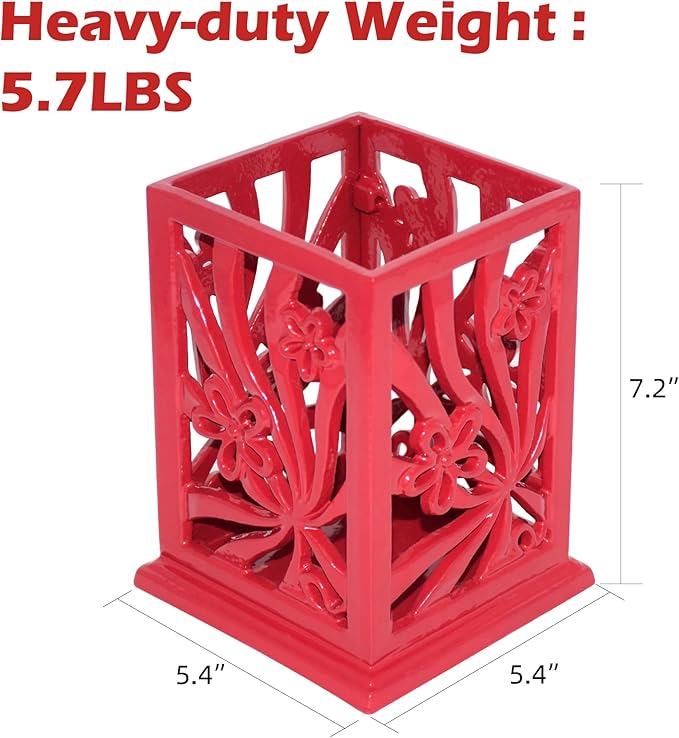 Kitchen Utensil Holder for Countertop Vintage Cast Iron Metal Utensil Storage Spatula Holder for Kitchen Counter with Hollowed-out Daffodil Pattern, Red