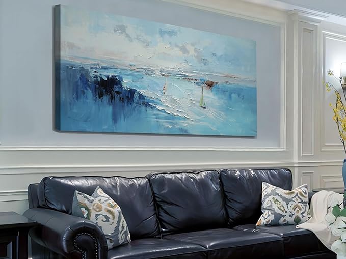 Ardemy Blue Abstract Wall Art Canvas for Living Room Coastal Sailboat Textured Bedroom Modern Teal White Artwork Framed Home Office Kitchen Dining Room Wall Decor, Extra Large 58"x29"