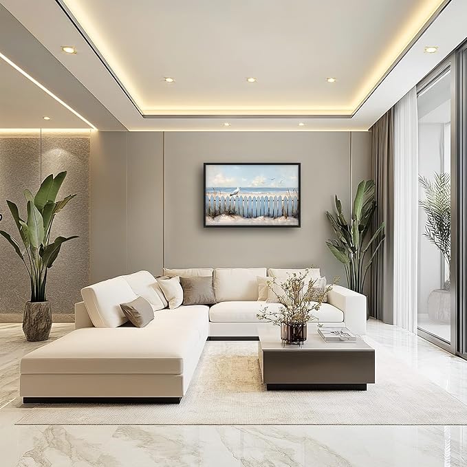 Flintis Large Ocean Beach Framed Wall Art Beach Seagull Pictures Wall Decor Abstract Natural Landscape Canvas Painting Print Artworks Framed for Living Room Bathroom Master Bedroom 36L X 24W