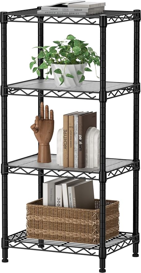 SINGAYE 4 Small Shelves Storage Shelf Wire Shelving Unit Metal Shelf Adjustable Organizers Storage Shelving with Wheels for Bathroom Laundry Room Kitchen Pantry11.5”D x 17.3”W x 44.5”H Black