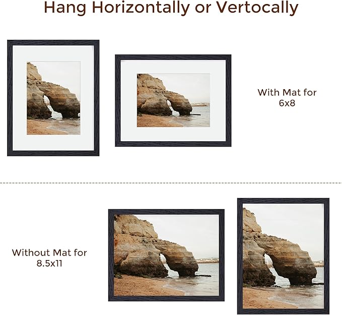 Black Picture Frame 8.5x11, Natural Oak Wood 8.5 x 11 Photo Frame, 8.5 by 11 Frame for Wall, 8.5x11 Picture Frame with Mat for 6x8, Tempered Real Glass, Black Color, Set of 1