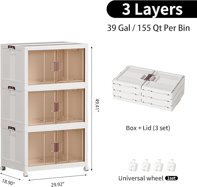 JOYWAVE Storage Bins with Lids,465QT Collapsible Plastic Bins,Closet Organizer and Storage Drawer,3 Pack Cubes