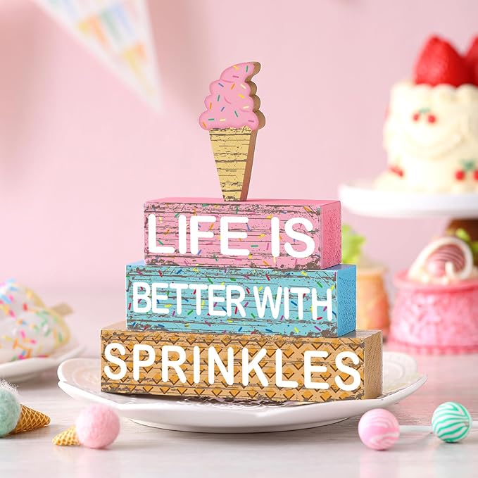 Geelin 4 Pieces Summer Ice Cream Table Wooden Decorations Ice Cream Wood Sign Centerpiece Home Decor Bar Party Decorations Blocks Tiered Tray Table Top Sign for Home