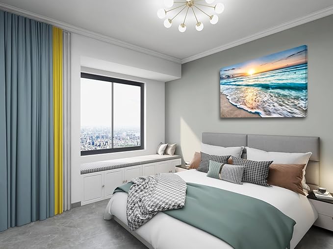 Baisuart S02269 Canvas Prints Wall Art Beach Sunset Paintings Ocean Waves Nature Pictures Stretched Canvas Wooden Framed for living Room Bedroom and Home Office Wall Decor Posters