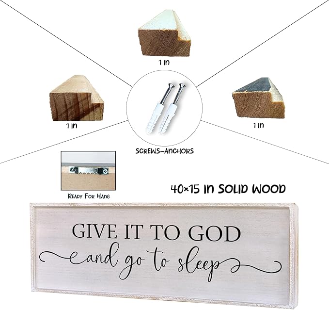 Surfapans Give It To God And Go To Sleep Sign Wall Decor 40"x15" ofr Master Bedroom Guest Room Wood Rustic Framed Wall Art Sign (White)