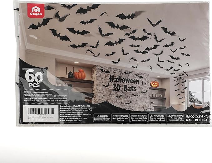 Coogam 60PCS Halloween Bats Decoration, 4 Different Sizes Realistic PVC Black 3D Scary Bat Sticker for Home Decor DIY Wall Decal Bathroom Indoor Hallowmas Party Supplies