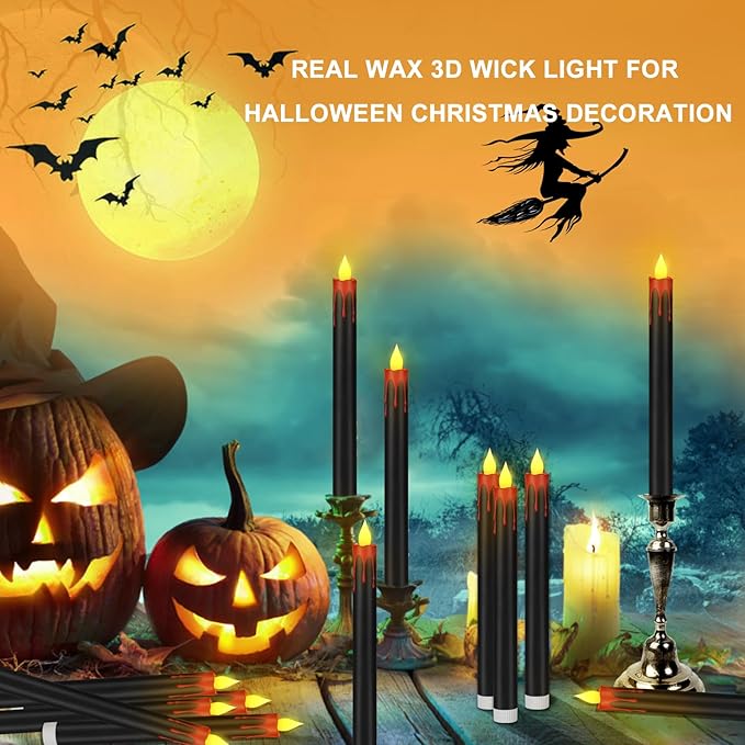 Flameless Taper Candles 10.6" Dripless Battery Operated Taper Candles Included Remote Timer 400+ Hours by 2AA Batteries for Halloween Christmas Wedding (Black+Burgundy, 24 Pack)