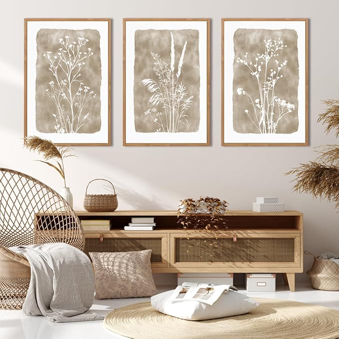ANHUIB Extra Large Beige Floral Wall Art 24x36 Inch Neutral Floral Wall Decor Vintage Flower Artwork for Living Room Bedroom Office Set of 3