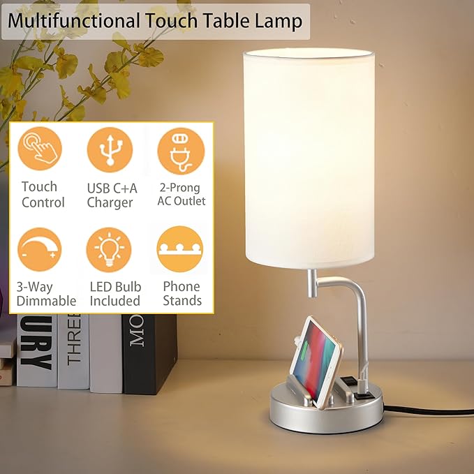Dreamholder Touch Control USB Table Lamp, Upgraded 3-Way Dimmable Bedside Desk Lamp with USB C & A Charging Ports and AC Outlet, Nightstand Lamp for Bedroom, Dimmable Bulb Included, Silver