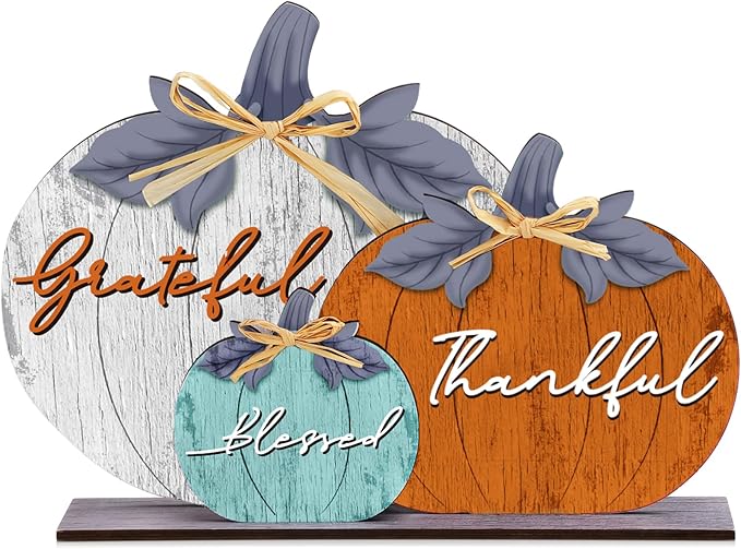 Soaoo Fall Pumpkin Table Decorations Wooden Thankful Blessed Centerpiece Autumn Grateful Tabletop Decor Farmhouse Harvest Pumpkin Block Signs for Party Rustic Table Shelf Decor Home(Vivid)