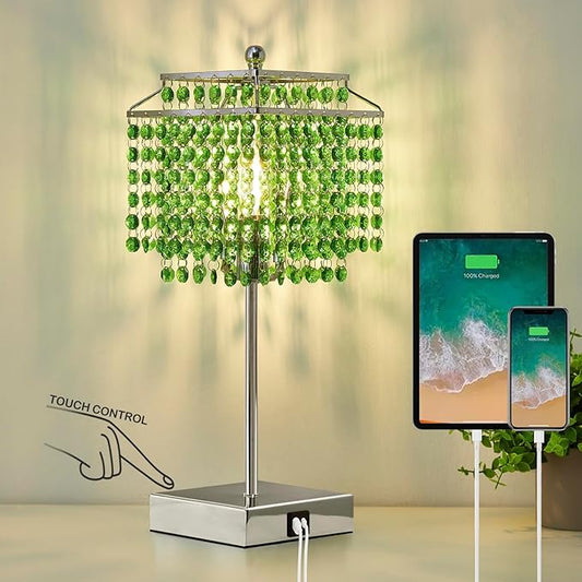 Luvkczc Crystal Table Lamp with Touch Control, Bedside Crystal Table Lamp with USB C+A Ports, 3-Way Dimmable Lamp with Crystal Shade for Girls Bedroom, Living Room, Green & B11 LED Bulb Included
