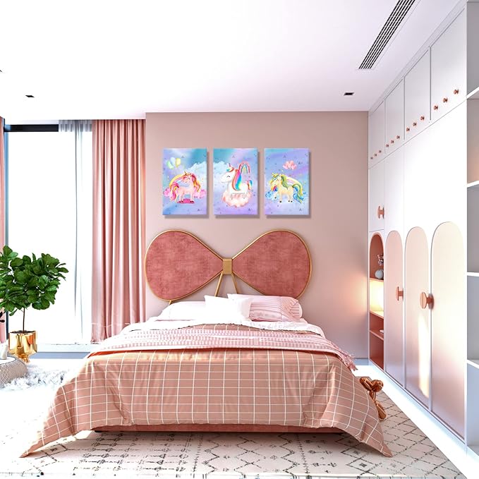 YUANAND Unicorn Wall Art Girl's Bedroom Decor - Rainbow Canvas Pictures for Kids Nursery Home Decor - Watercolor Framed Posters Paintings