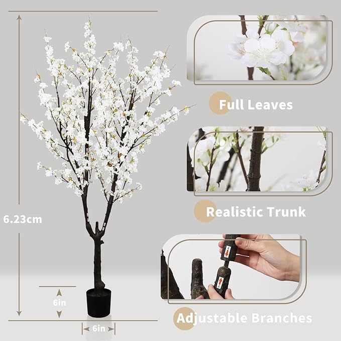 Faux White Cherry Blossom Tree 6ft(72in) Tall Artificial Plant Home Decor Handmade Natural Fake White Flower Tree for Wedding Realistic Silk Cherry Plant in Pot for Living Room,Office,Outdoor Decor.