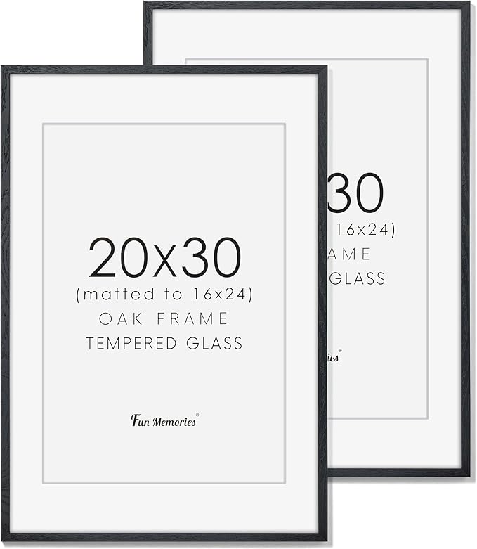 20x30 Picture Frame, Rustic Wood 20 x 30 Poster Frames for Wall, Oak Wood Picture Frames 20 by 30 with Real Glass, 20x30 Frame Matted for 16x24, Large Wooden Photo Frame 20x30 Inch, Black Color, 2 Pack