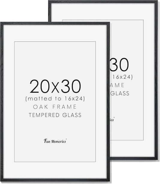 20x30 Picture Frame, Rustic Wood 20 x 30 Poster Frames for Wall, Oak Wood Picture Frames 20 by 30 with Real Glass, 20x30 Frame Matted for 16x24, Large Wooden Photo Frame 20x30 Inch, Black Color, 2 Pack