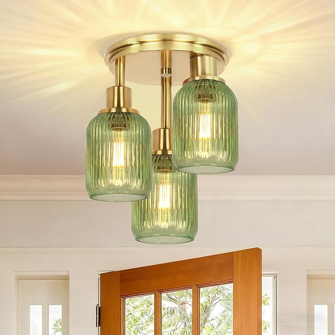 Semi Flush Mount Ceiling Light, 3-Light Close to Ceiling Light Fixtures, Brass Gold Finish Kitchen Light Fixtures with Green Glass Shade Patriot Lighting for Entryway Porch Hallway Foyer