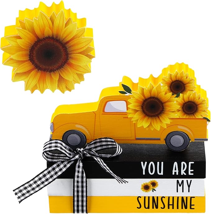 Yookeer 5 Pieces Farmhouse Tiered Tray Decor Items Rustic Wooden Mini Truck Bundle Books Stack Sign for Summer Spring Home Harvest Table Shelf Decorations(Sunflower Style)