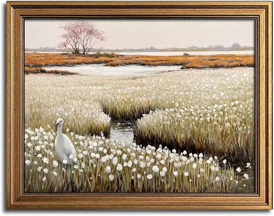 Framed Vintage Wall Art Classical French Landscape Painting Wildflowers Field Canvas Wall Art Print Kitchen Living Room Wall Decor (Flower Field, 16L x 12W)