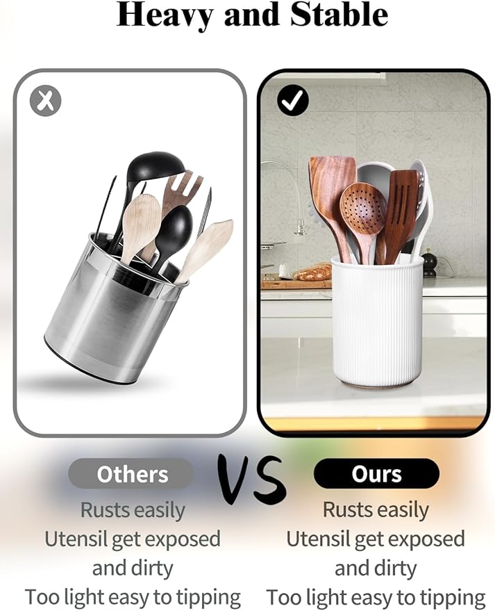 LoeJan Utensil Holder, Extra Large Utensil Crock, Stable Ceramic Utensil Organizer, Cooking Tool Organizer Set for Kitchen Counter Farmhouse Decor (E-6.7" White)