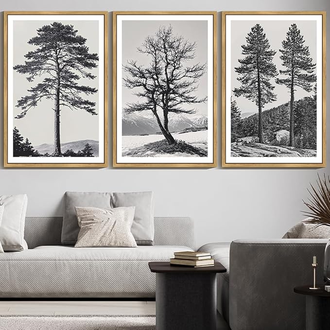KUVIOKE Vintage Black Gray Forest Wall Art Framed Antique Retro Tree Prints Modern Rustic Artwork Bedroom Living Room Ready to Hang 24x36in (Natural Framed)