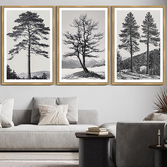 KUVIOKE Vintage Black Gray Forest Wall Art Framed Antique Retro Tree Prints Modern Rustic Artwork Bedroom Living Room Ready to Hang 24x36in (Natural Framed)