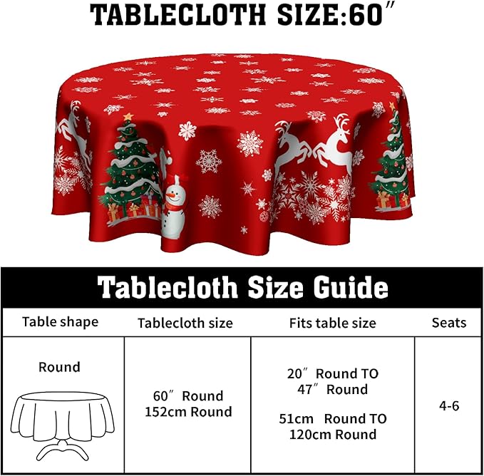 Kawani Christmas Tablecloth Round 60 Inch Xtmas Trees Snowman Decorative Table Cloth Deer Snowflake Winter Round Table Cover Seasonal for Home Kitchen Dining Party Indoor Outdoor Decor