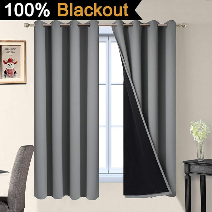 Yakamok Soft and Smooth Full Shading Curtains, 100% Blackout Curtains for Bedroom, 2 Thick Layers Thermal Insulated Drapes with Black Liners (52Wx63L, Grey, One Pair)