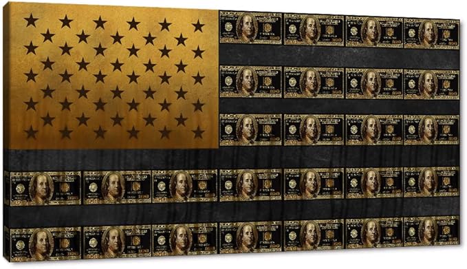 Creative American Flag Wall Art American Flag Made Up of Dollars Art Print Office Artwork Wall Decor Retro Money USA Flag Abstract Work Pictures for Office Decor Gallery-Wrapped Easy to Hang-32"Wx16"H