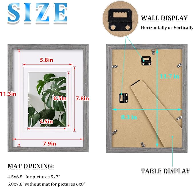 Egofine A4 Picture Frames Set of 4, Made of Solid Wood Covered by Plexiglass 4x6 and 6x8 with Mat or A4 without Mat, for Table Top Display and Wall Mounting Photo Frame Light Grey