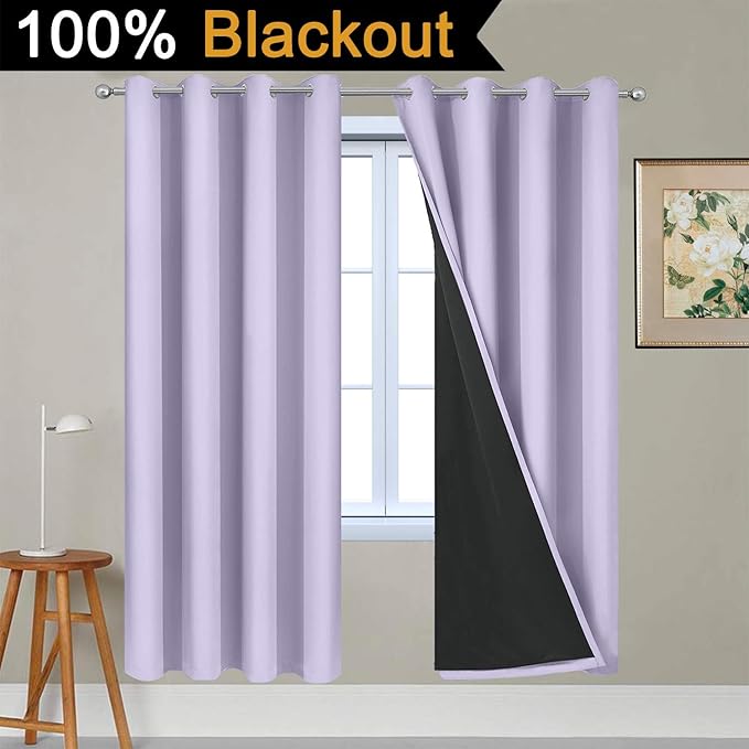 Yakamok Lilac 100% Blackout Lined Curtains, 2 Thick Layers Completely Blackout Window Treatment Thermal Insulated Drapes for Kitchen/Bedroom (1 Pair, 52W x 72L)