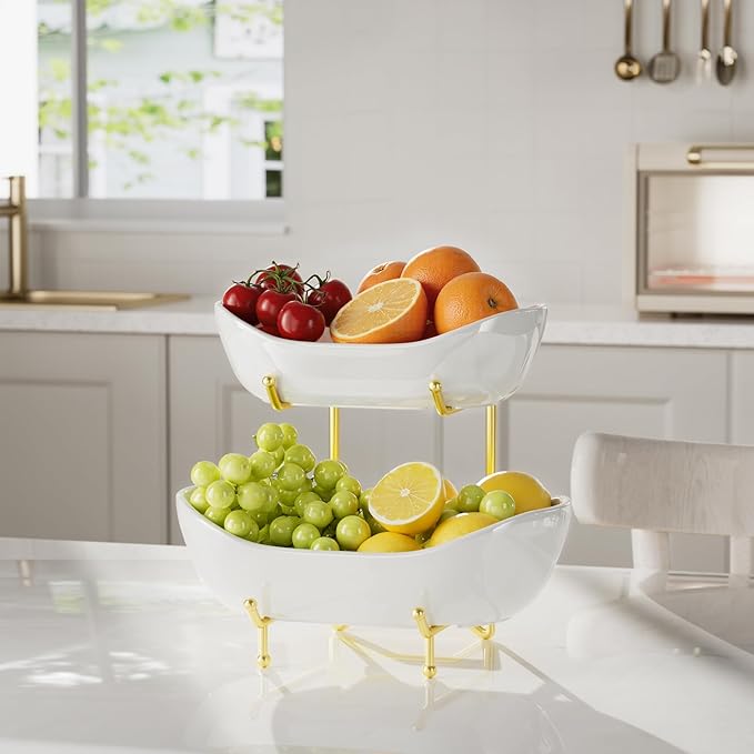 2 Tier Ceramic Fruit Bowl with Metal Stand – Tiered Fruit Stand for Kitchen Countertop, Serving Tray for Snacks, Nuts, Cakes, Desserts, Bread, Candy Storage, Gold